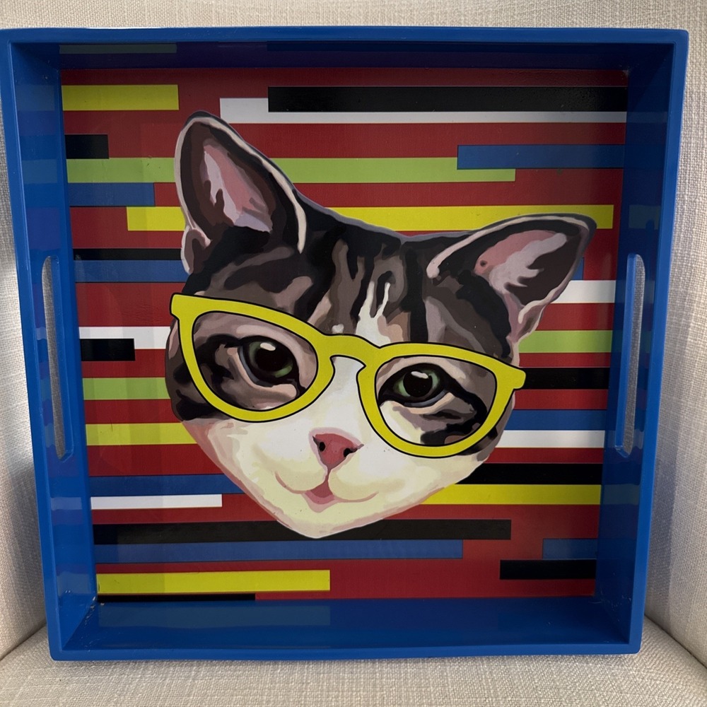 Tray Blue Square Molded Plastic Cat Kitten Bar Drink Tray 11.25" Colorful Bright